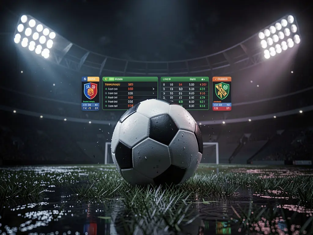 BD520 football betting page banner featuring a soccer ball on wet grass under dramatic stadium lights with glowing live odds graphics in the background, set in a premium dark sports atmosphere