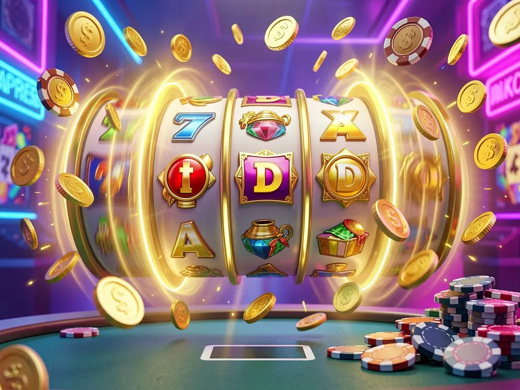 BD520 online casino free spins bonus concept showing colorful slot machine reels spinning with golden light effects, coins flying around, jackpot symbols, and casino chips on a vibrant neon background in a dynamic motion 3D render