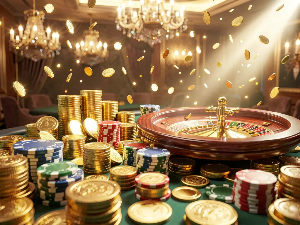 BD520 casino jackpot scene with golden coins, poker chips, and roulette wheel under bright glowing lights in a luxury celebration atmosphere