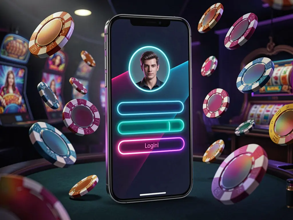 BD520 mobile casino login screen with abstract UI shapes on phone, neon glow, flying chips and coins in dark premium casino atmosphere